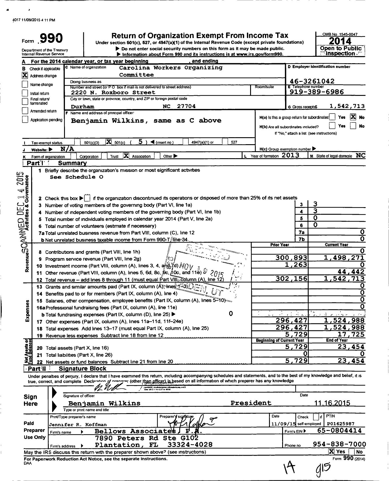 Image of first page of 2014 Form 990O for Carolina Workers Organizing Committee