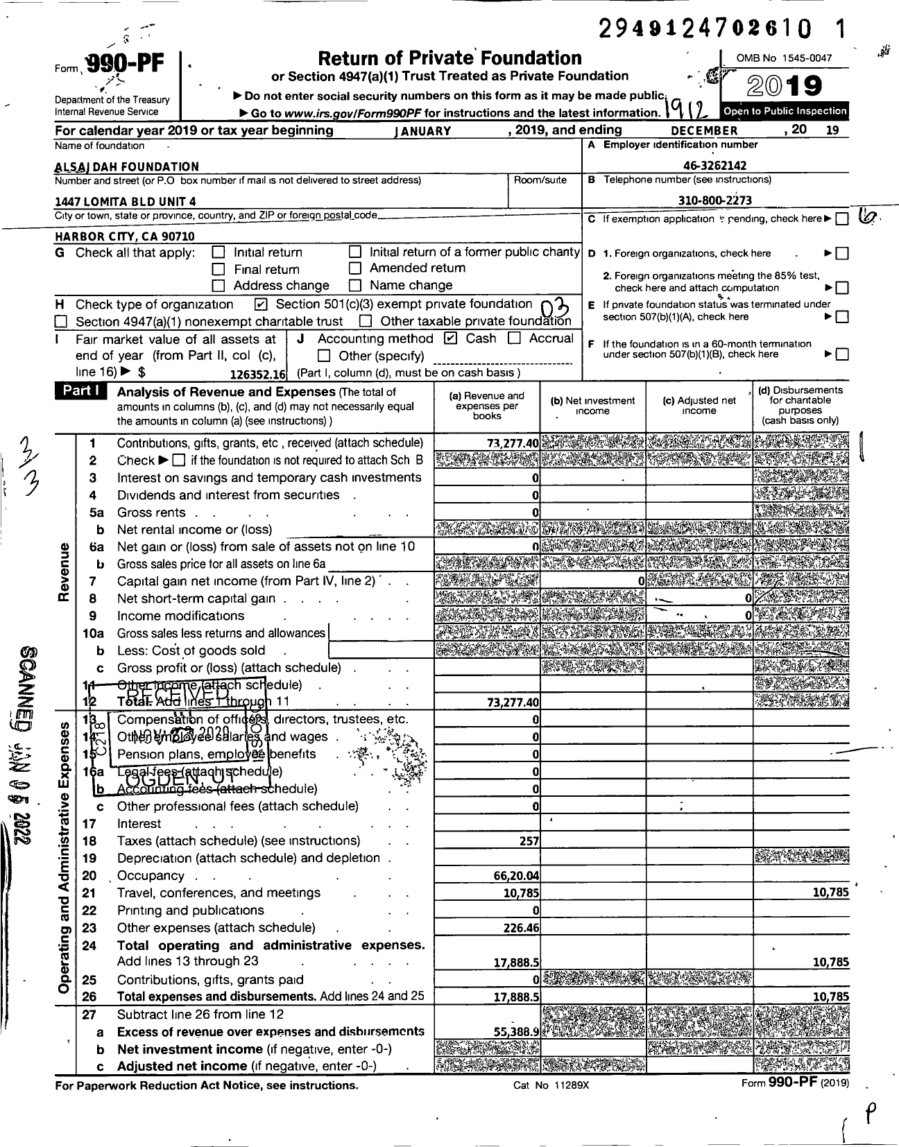 Image of first page of 2019 Form 990PF for Alsajdah Foundation