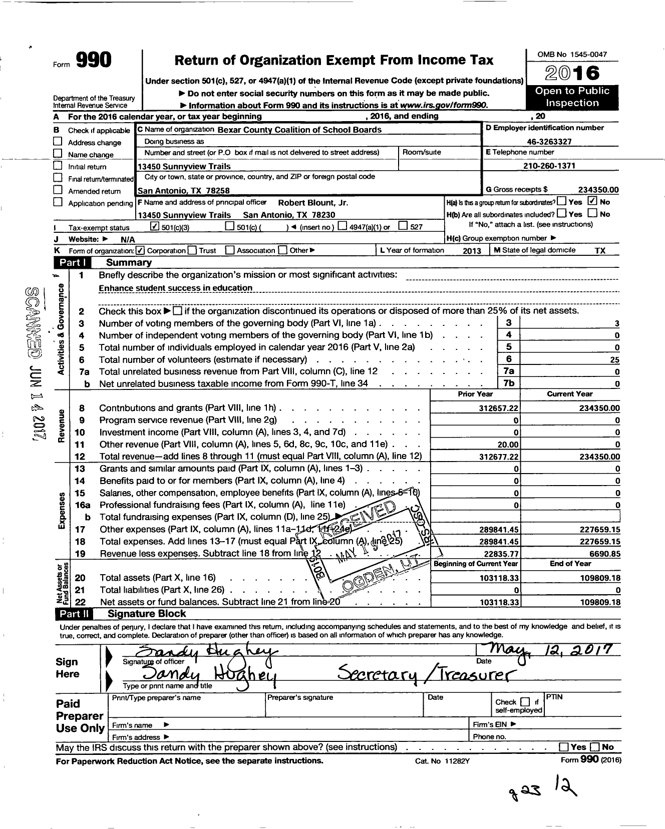 Image of first page of 2016 Form 990 for Bexar County School Boards Coalition