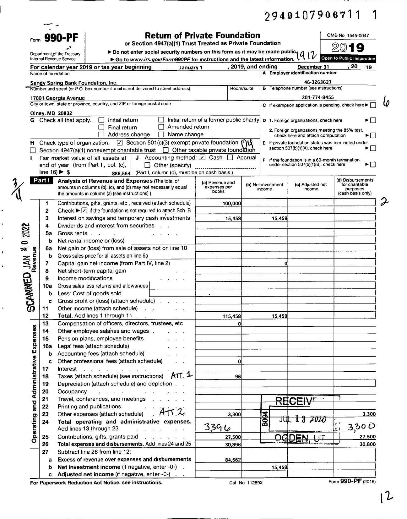 Image of first page of 2019 Form 990PF for Sandy Spring Bank Foundation