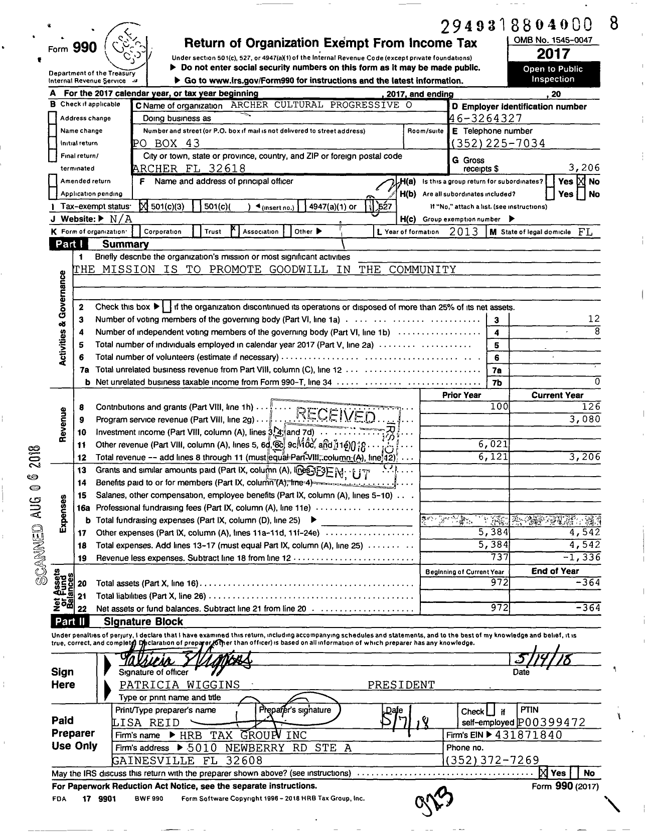 Image of first page of 2017 Form 990 for Archer Cultural Progressive Organization