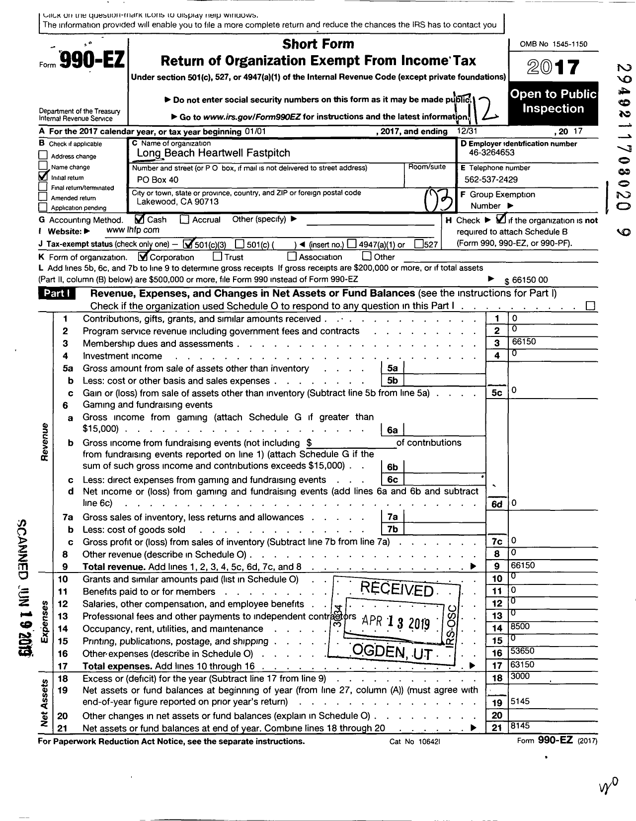 Image of first page of 2017 Form 990EZ for Long Beach Heartwell Fastpitch