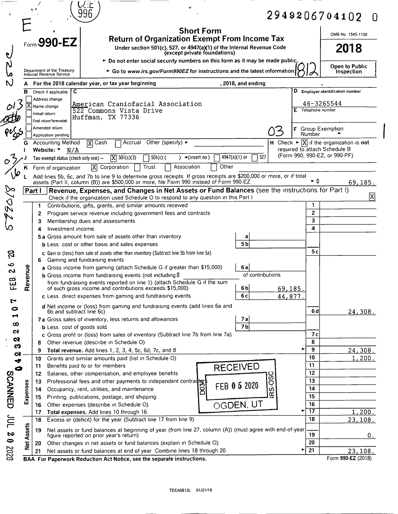 Image of first page of 2018 Form 990EZ for American Craniofacial Association