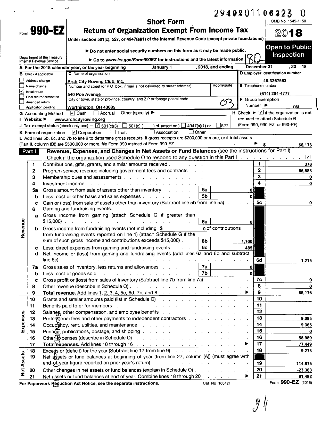 Image of first page of 2018 Form 990EZ for Arch City Rowing Club