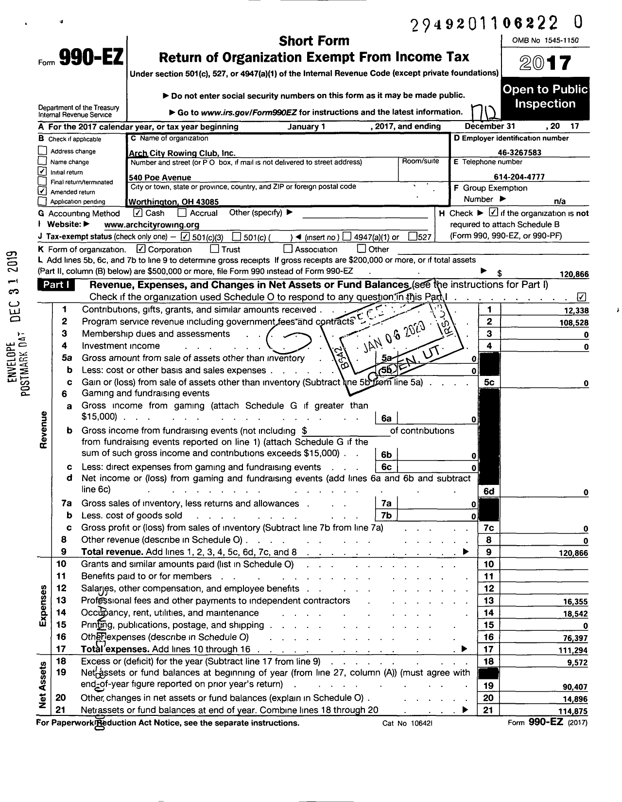 Image of first page of 2017 Form 990EZ for Arch City Rowing Club