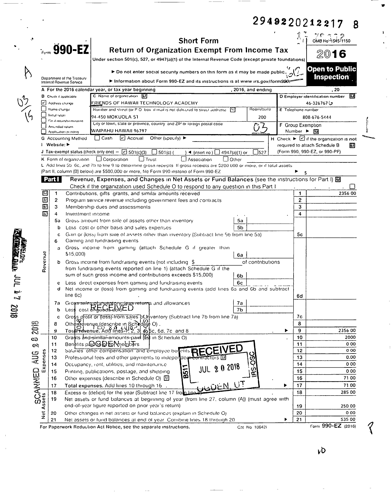 Image of first page of 2016 Form 990EZ for Friends of Hawaii Technology Academy