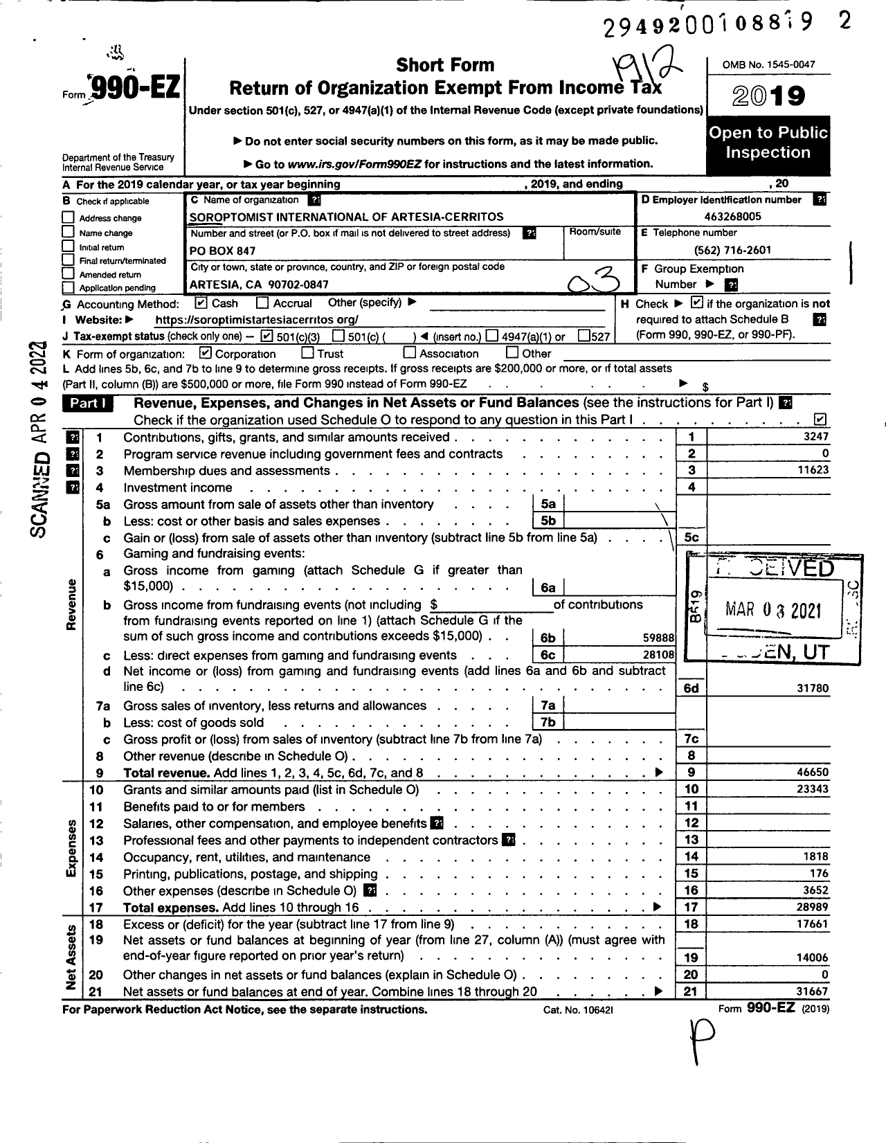 Image of first page of 2019 Form 990EZ for Soroptimist International of Artesia-Cerritos