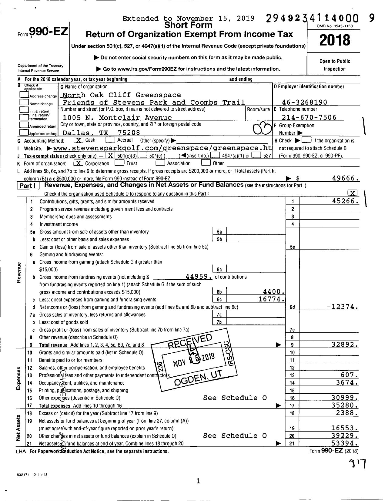 Image of first page of 2018 Form 990EZ for North Oak Cliff Greenspace