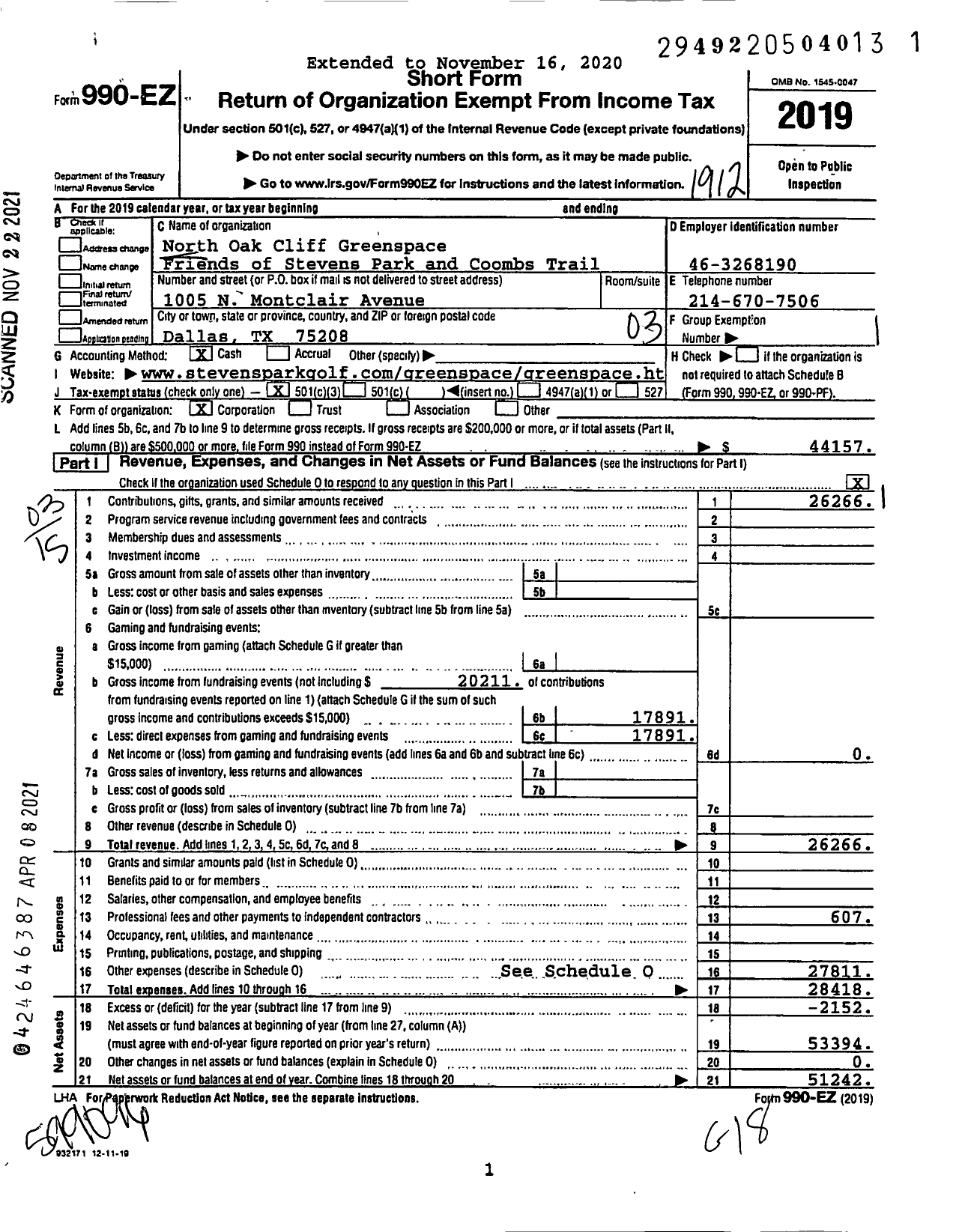 Image of first page of 2019 Form 990EZ for North Oak Cliff Greenspace