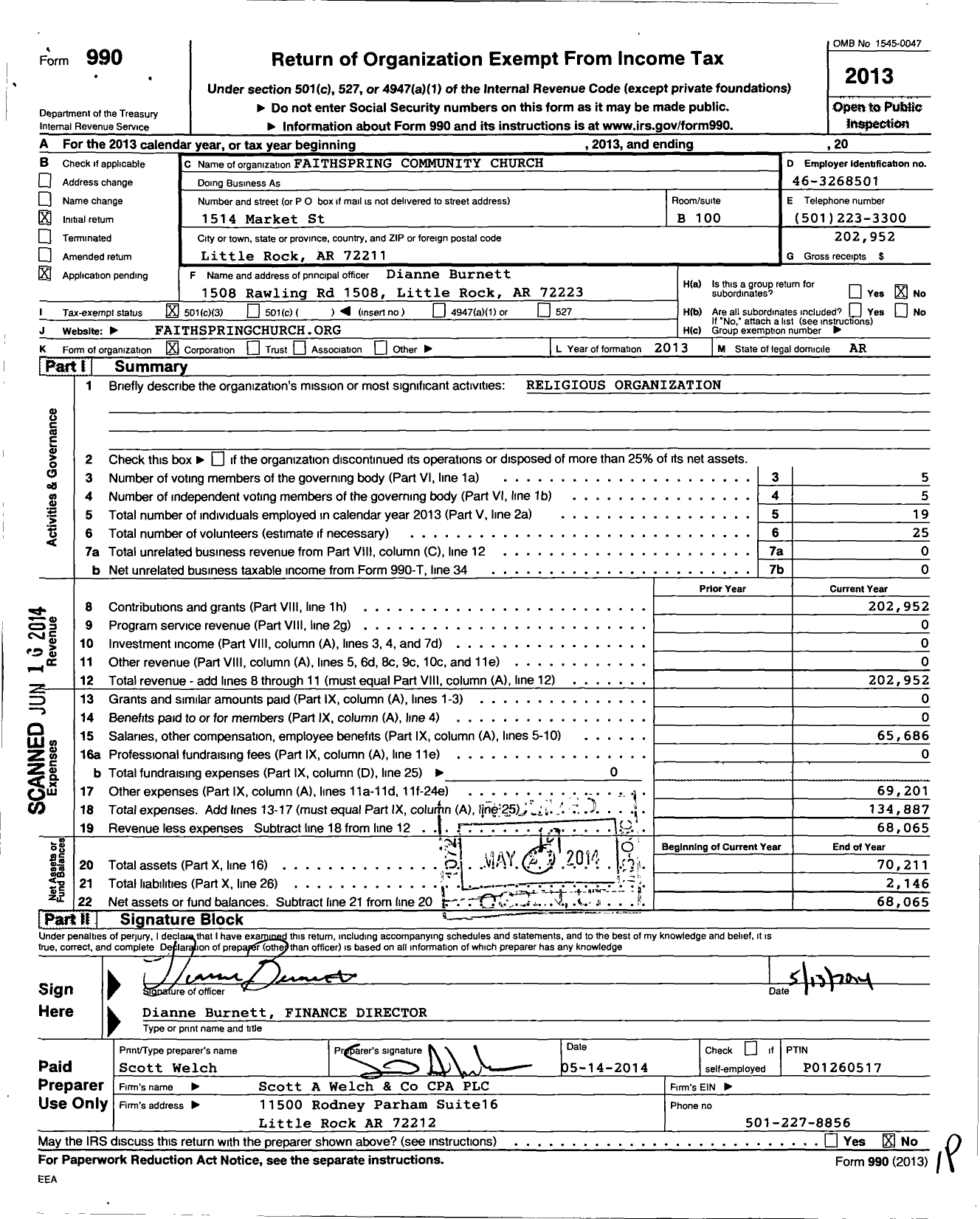 Image of first page of 2013 Form 990 for Faithspring Community Church