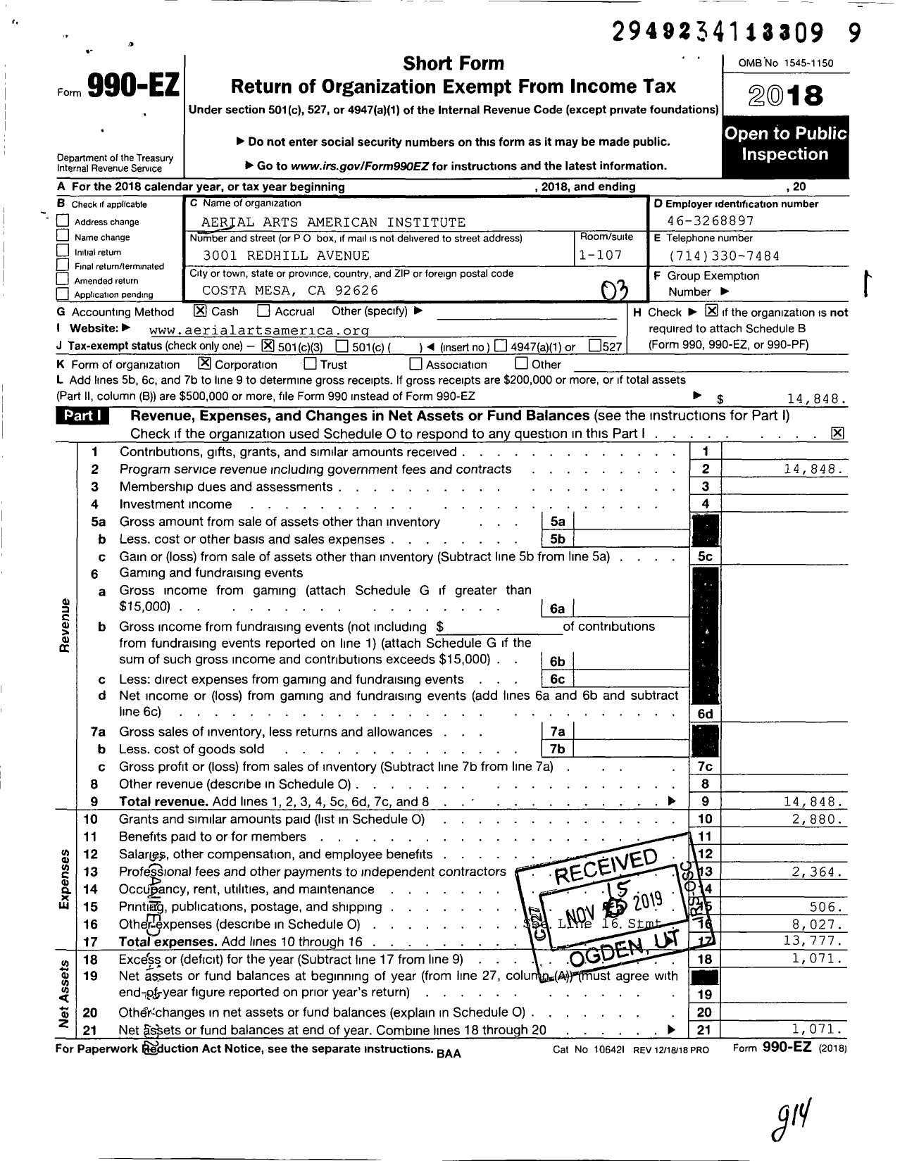 Image of first page of 2018 Form 990EZ for Aerial Arts American Institute