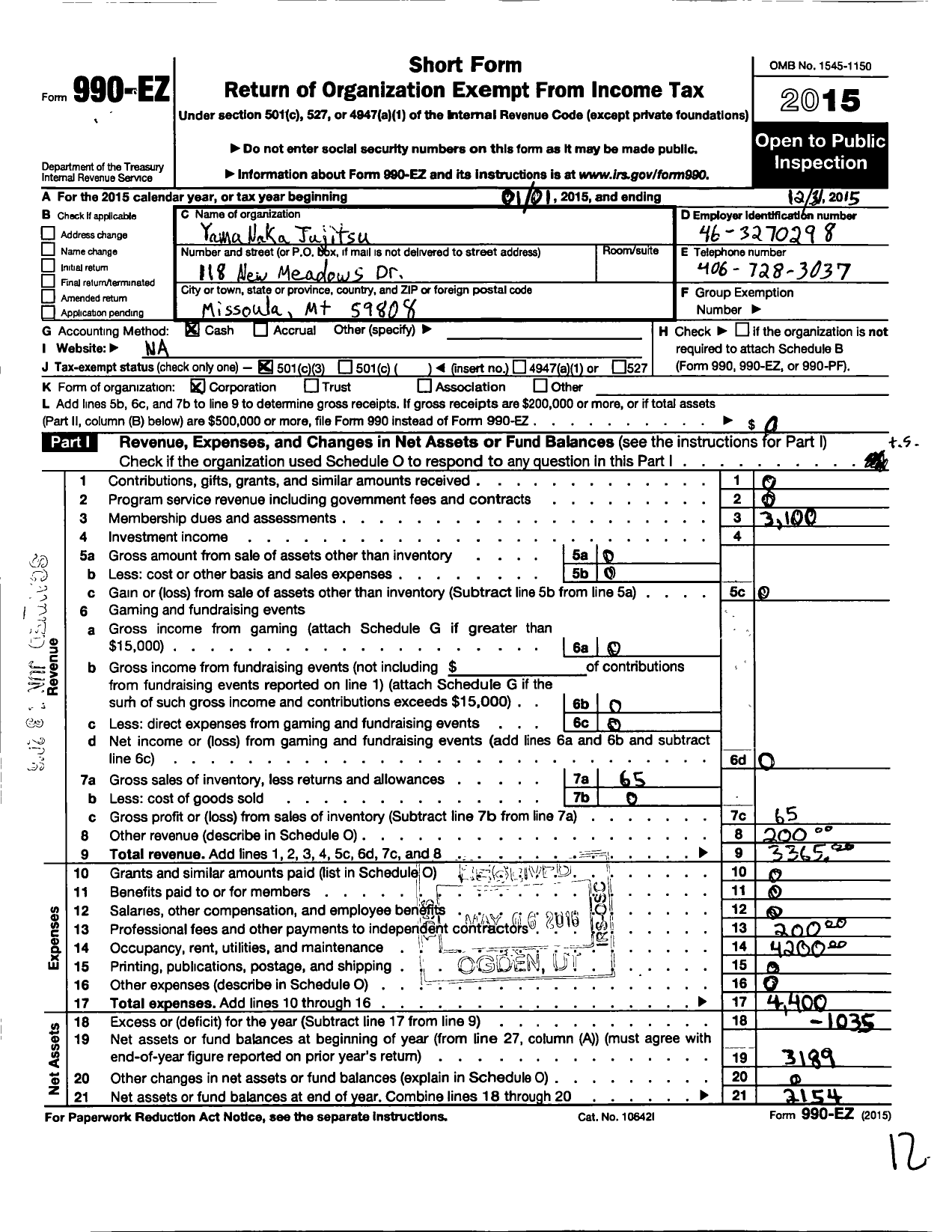 Image of first page of 2015 Form 990EZ for Yama Naka Jujitsu