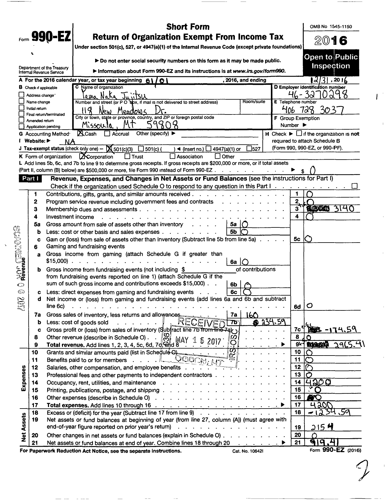 Image of first page of 2016 Form 990EZ for Yama Naka Jujitsu