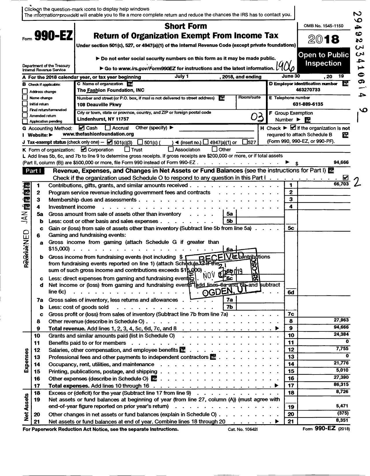 Image of first page of 2018 Form 990EZ for The Fashion Foundation