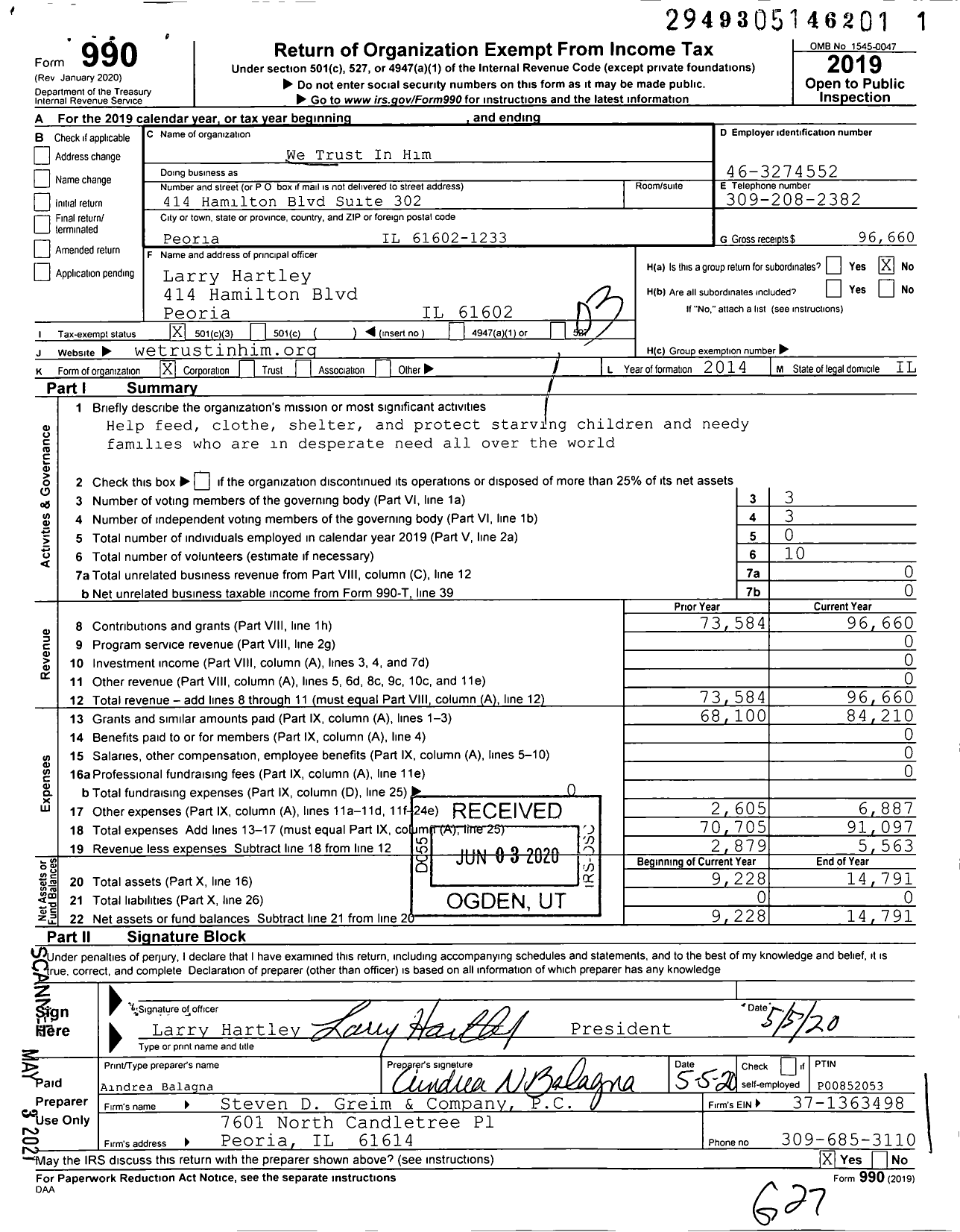 Image of first page of 2019 Form 990 for We Trust in Him