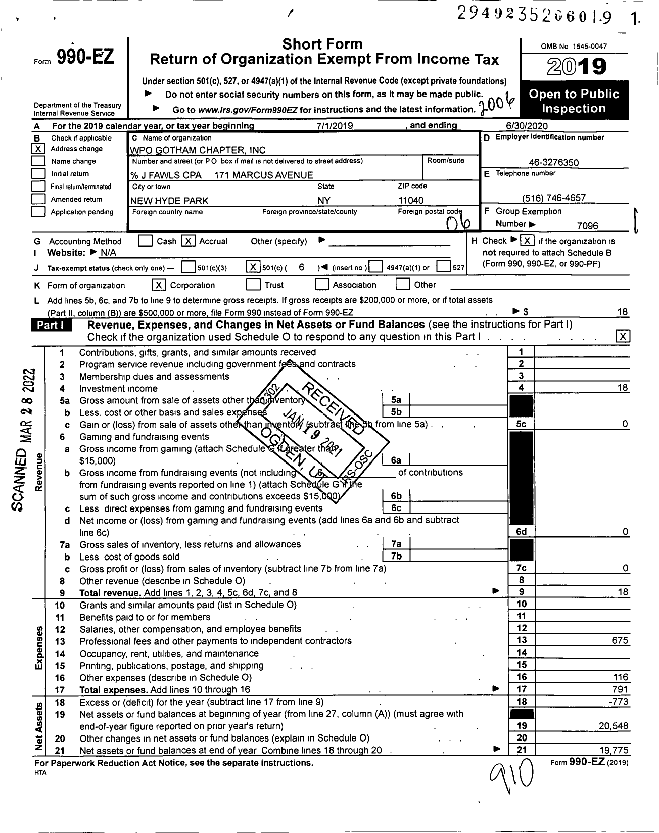 Image of first page of 2019 Form 990EO for Young Presidents' Organization - Wpo Gotham Chapter