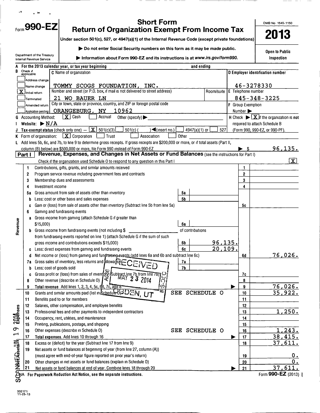 Image of first page of 2013 Form 990EZ for Tommy Scogs Foundation