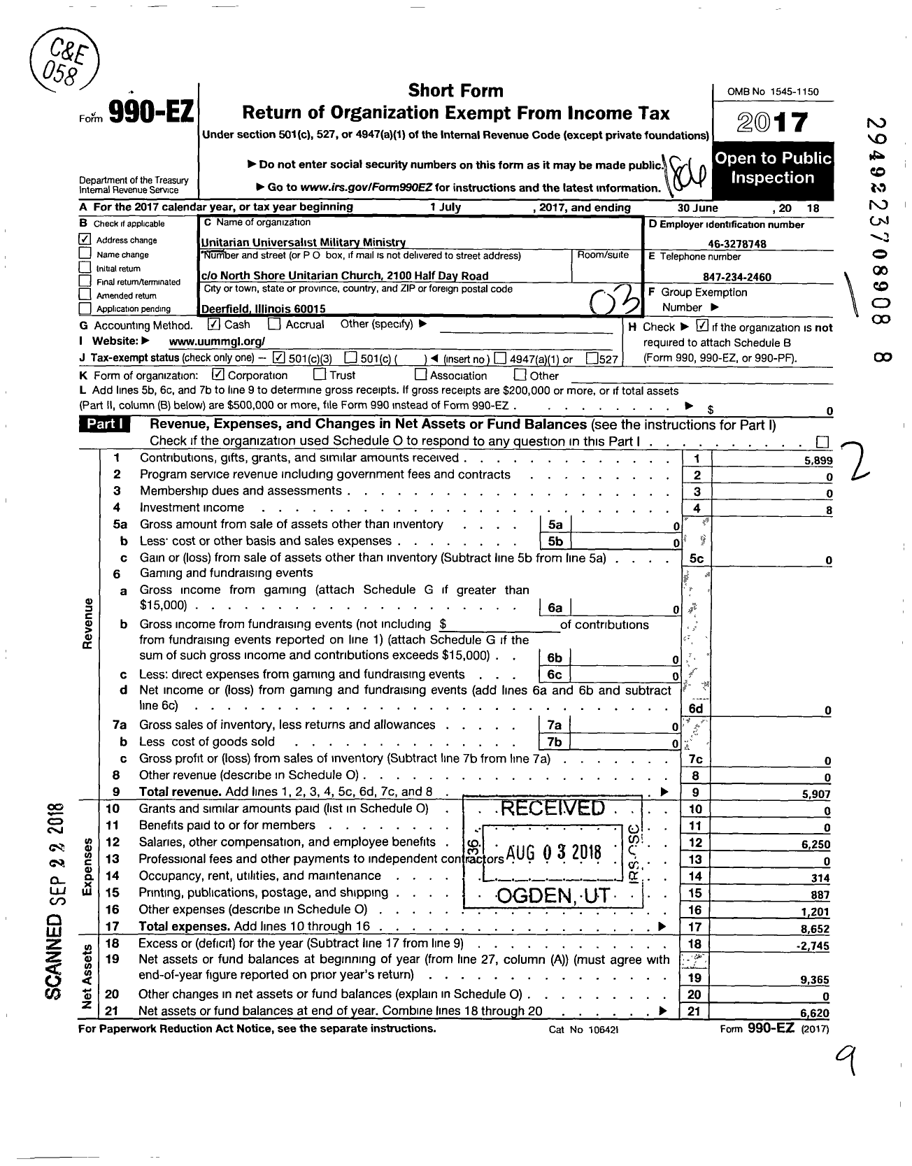 Image of first page of 2017 Form 990EZ for Unitarian Universalist Military Ministry