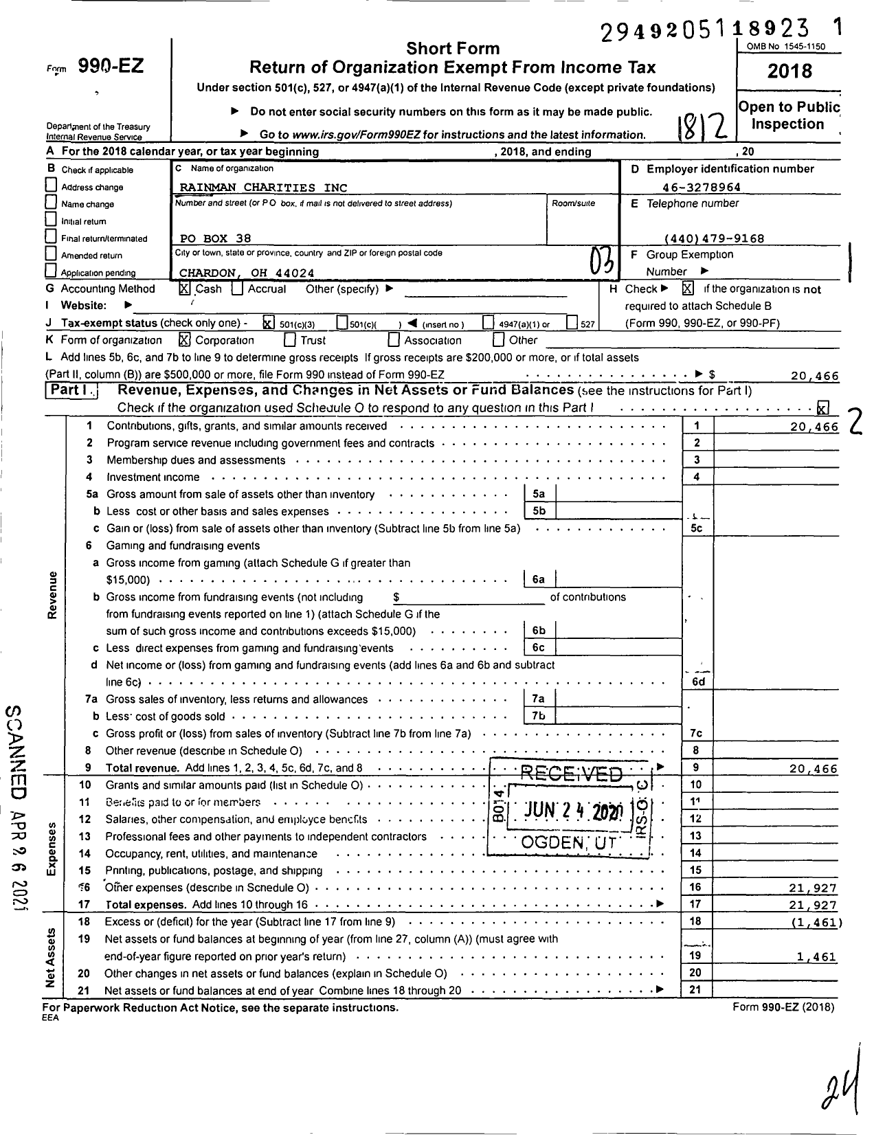 Image of first page of 2018 Form 990EZ for Rainman Charities