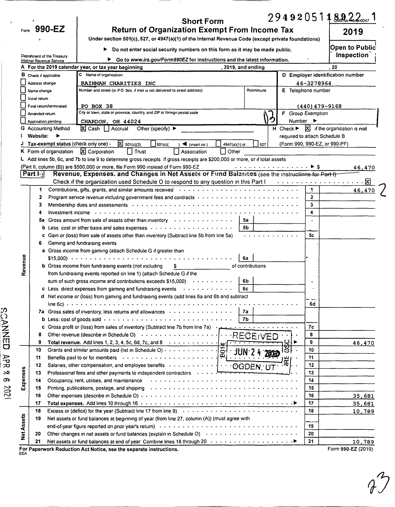 Image of first page of 2019 Form 990EZ for Rainman Charities