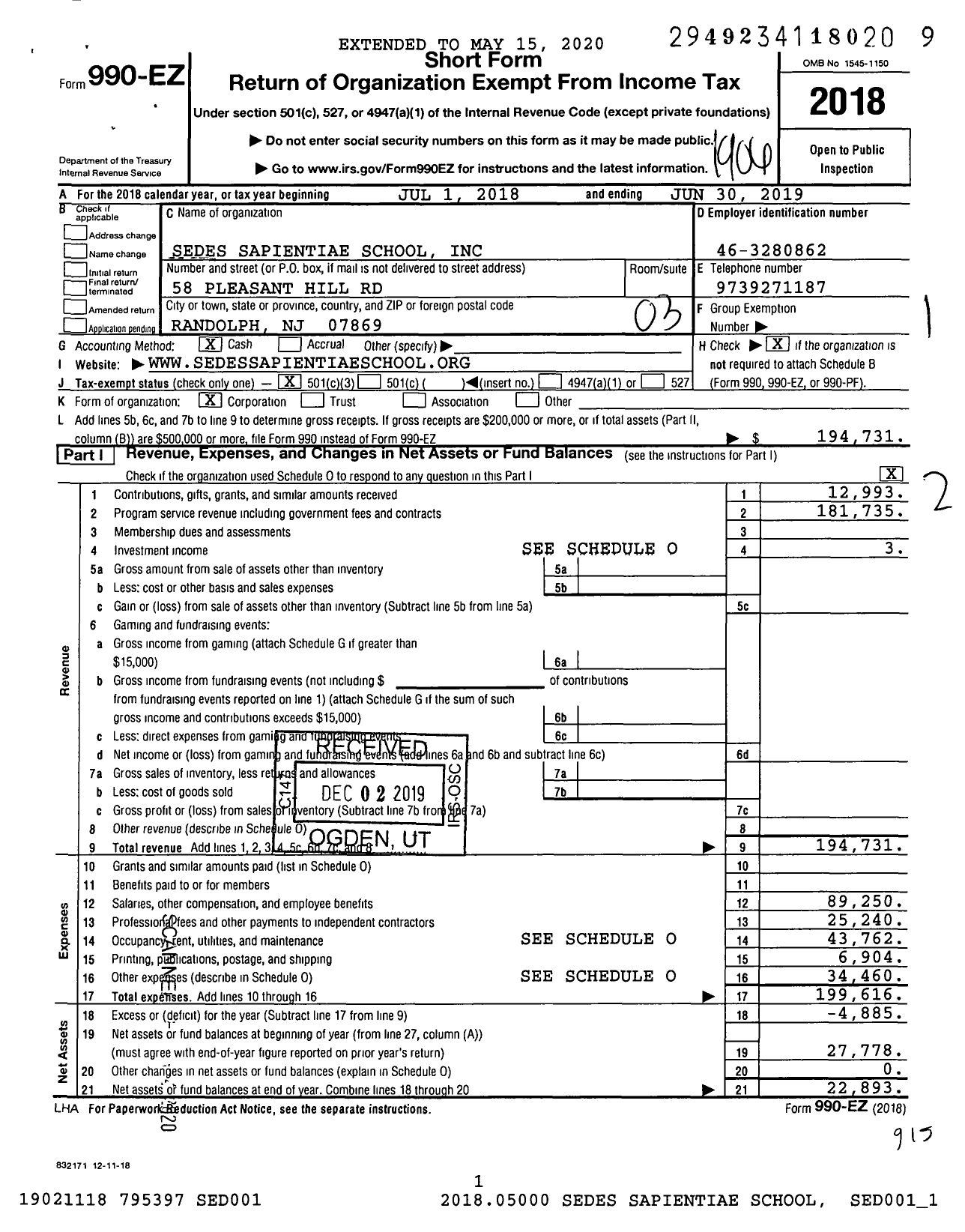 Image of first page of 2018 Form 990EZ for Sedes Sapientiae School