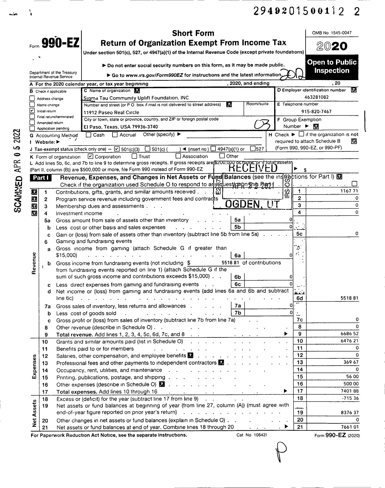 Image of first page of 2020 Form 990EZ for Sigma Tau Community Uplift Foundation