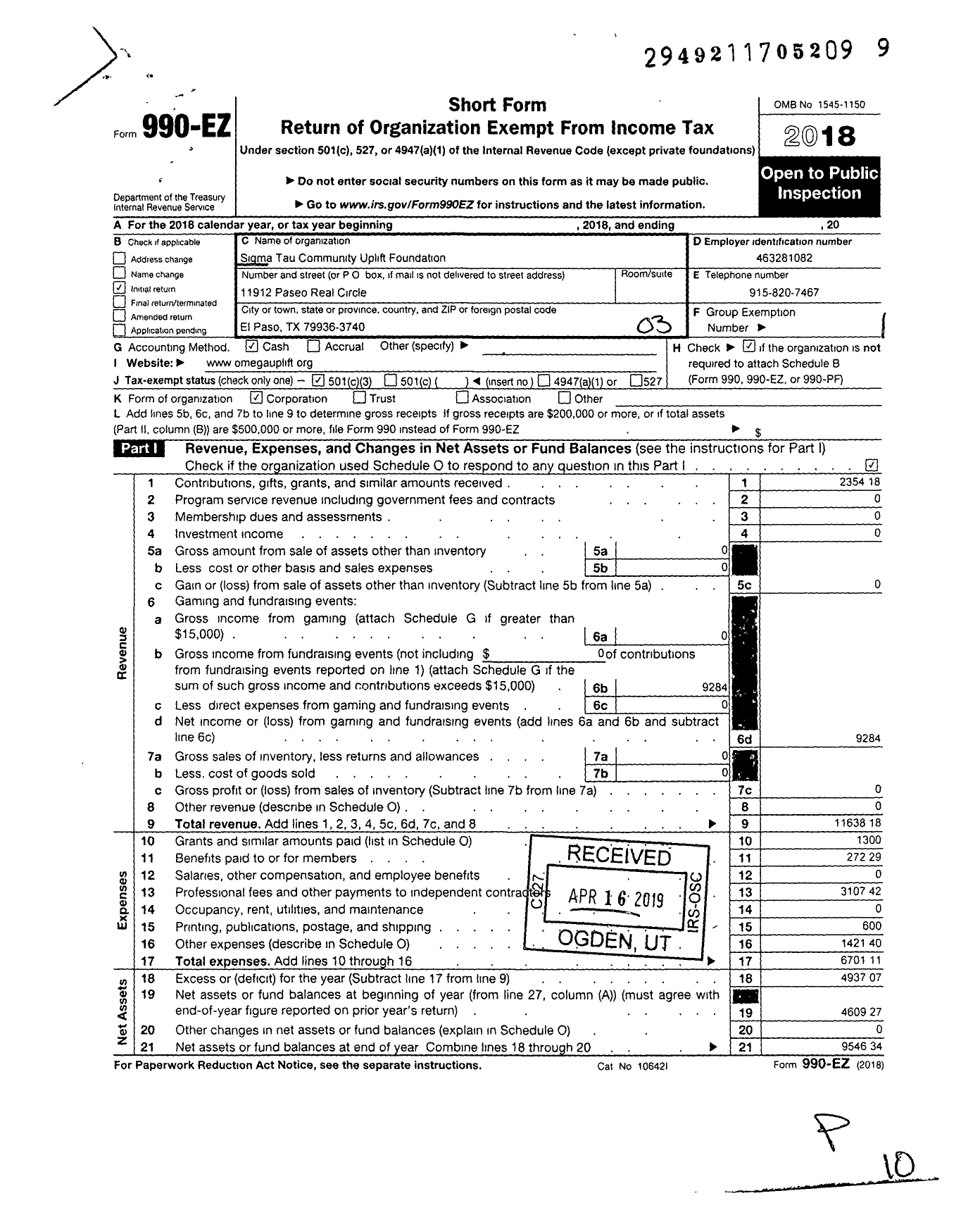 Image of first page of 2018 Form 990EZ for Sigma Tau Community Uplift Foundation