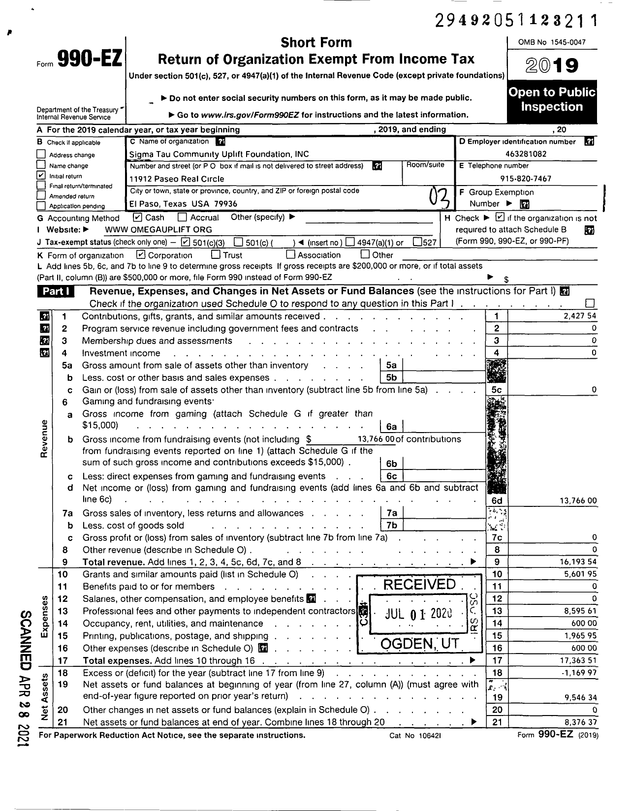 Image of first page of 2019 Form 990EZ for Sigma Tau Community Uplift Foundation