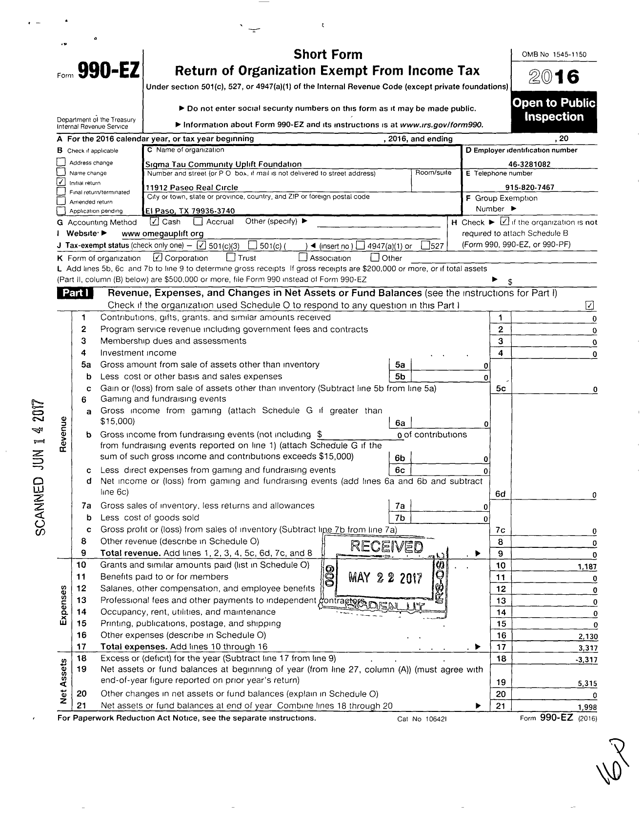 Image of first page of 2016 Form 990EZ for Sigma Tau Community Uplift Foundation