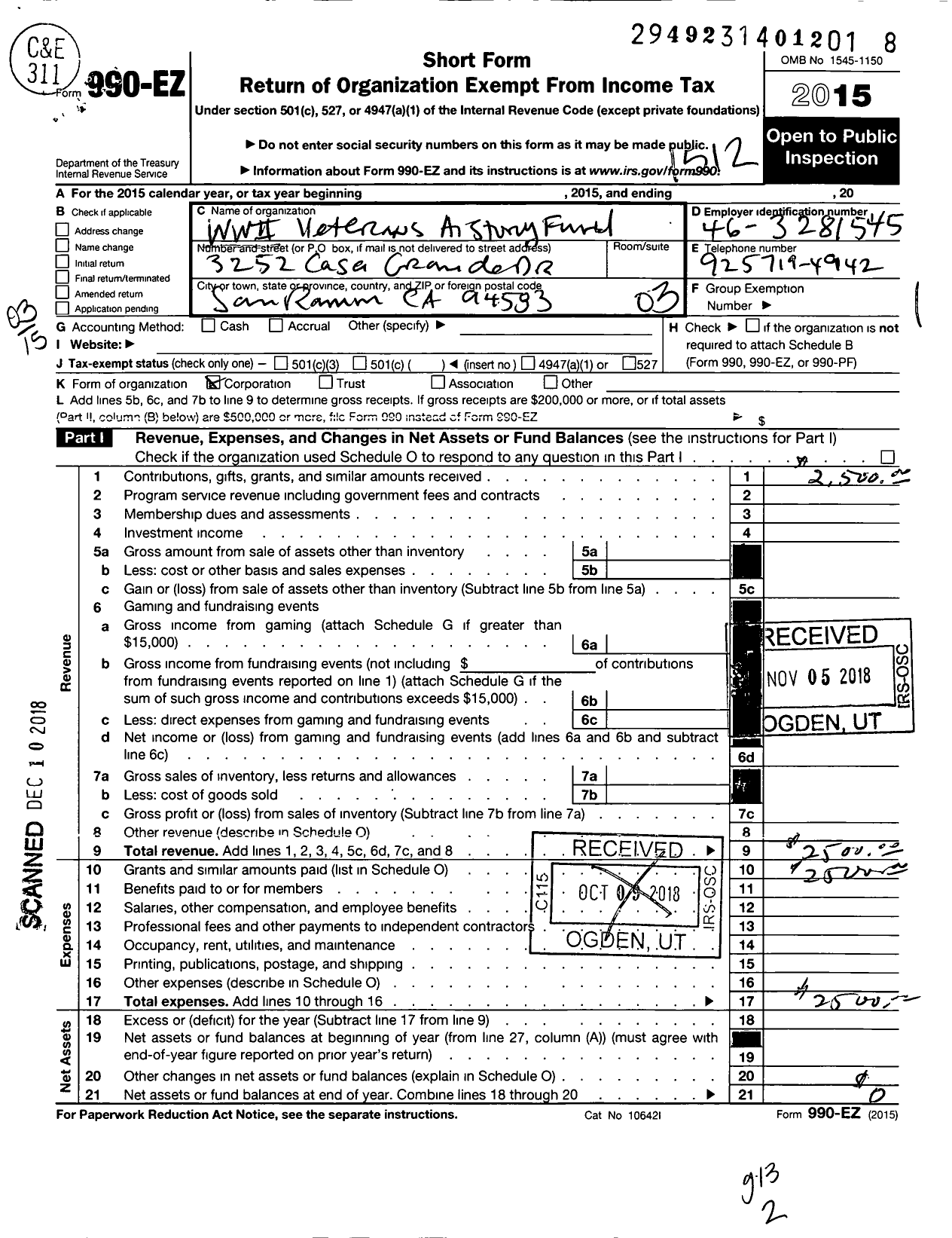 Image of first page of 2015 Form 990EZ for Wwii Veterans History Fund