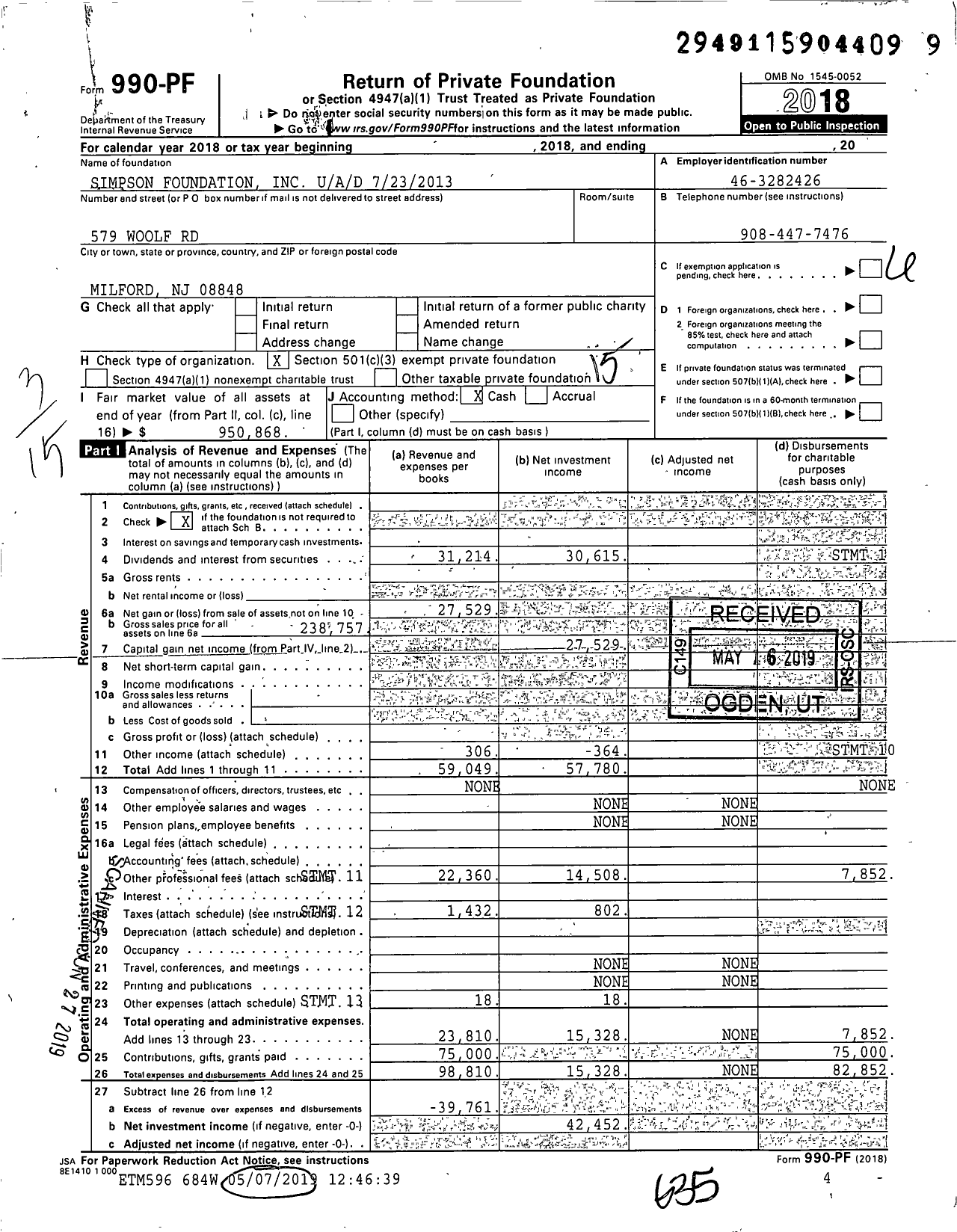 Image of first page of 2018 Form 990PF for Simpson Foundation