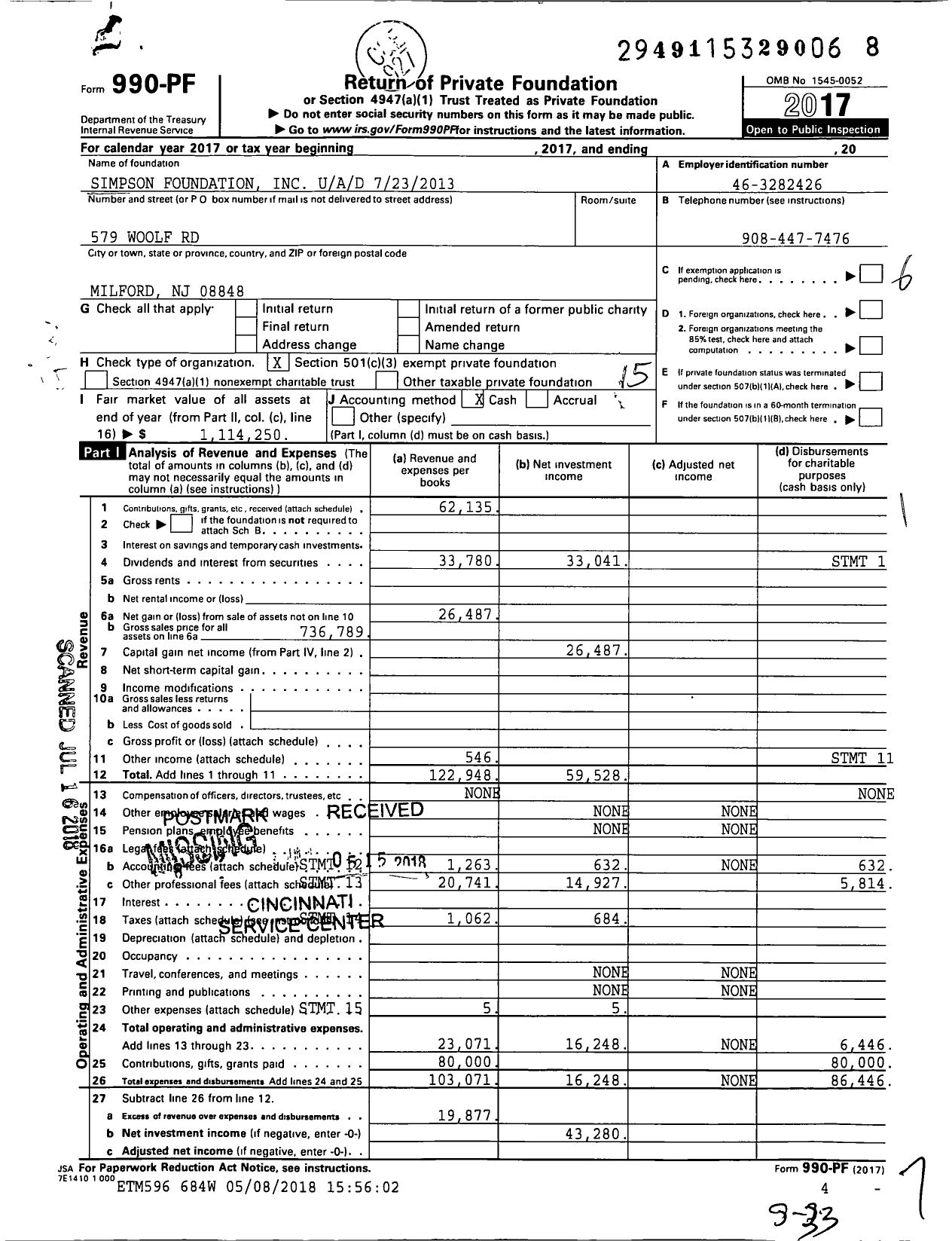 Image of first page of 2017 Form 990PF for Simpson Foundation