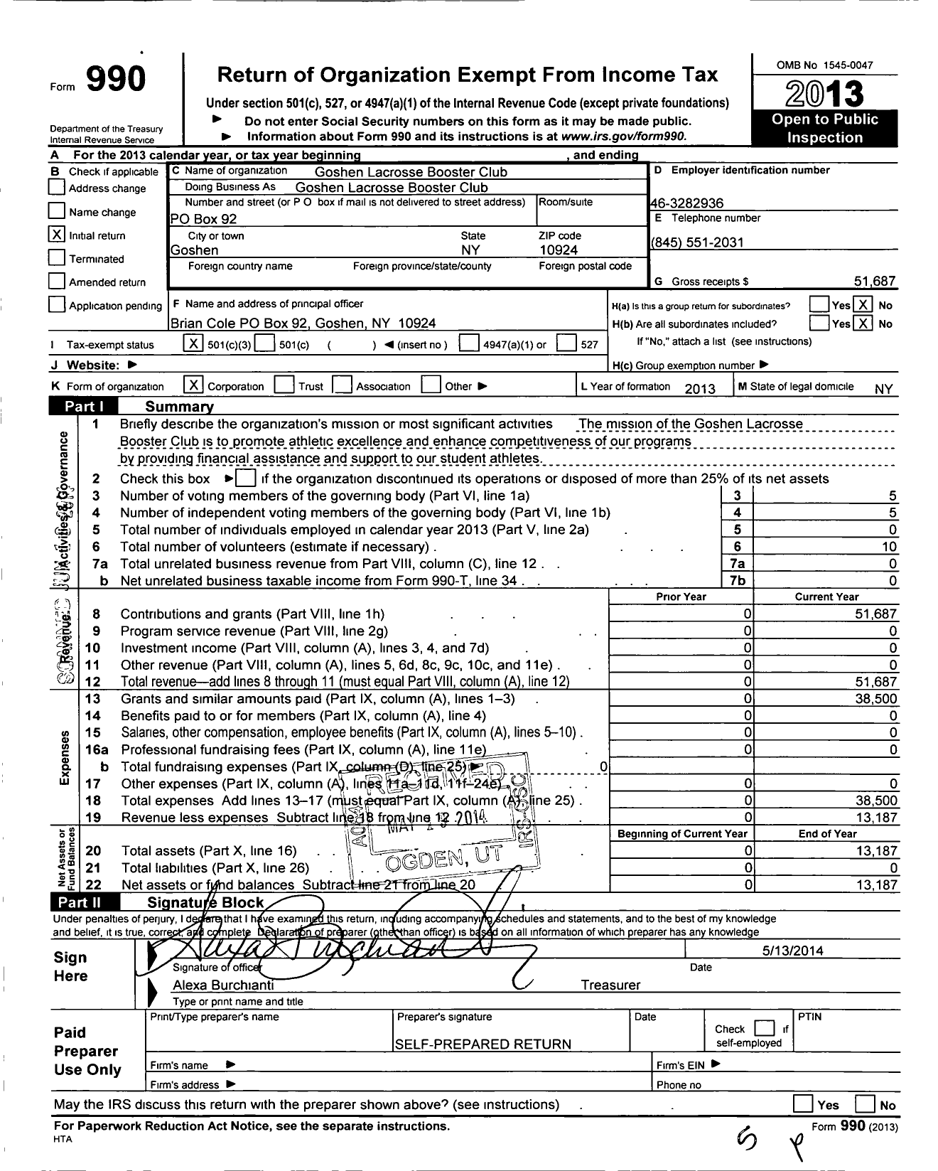 Image of first page of 2013 Form 990 for Parent Booster USA / Goshen Lacrosse Booster Club Inc