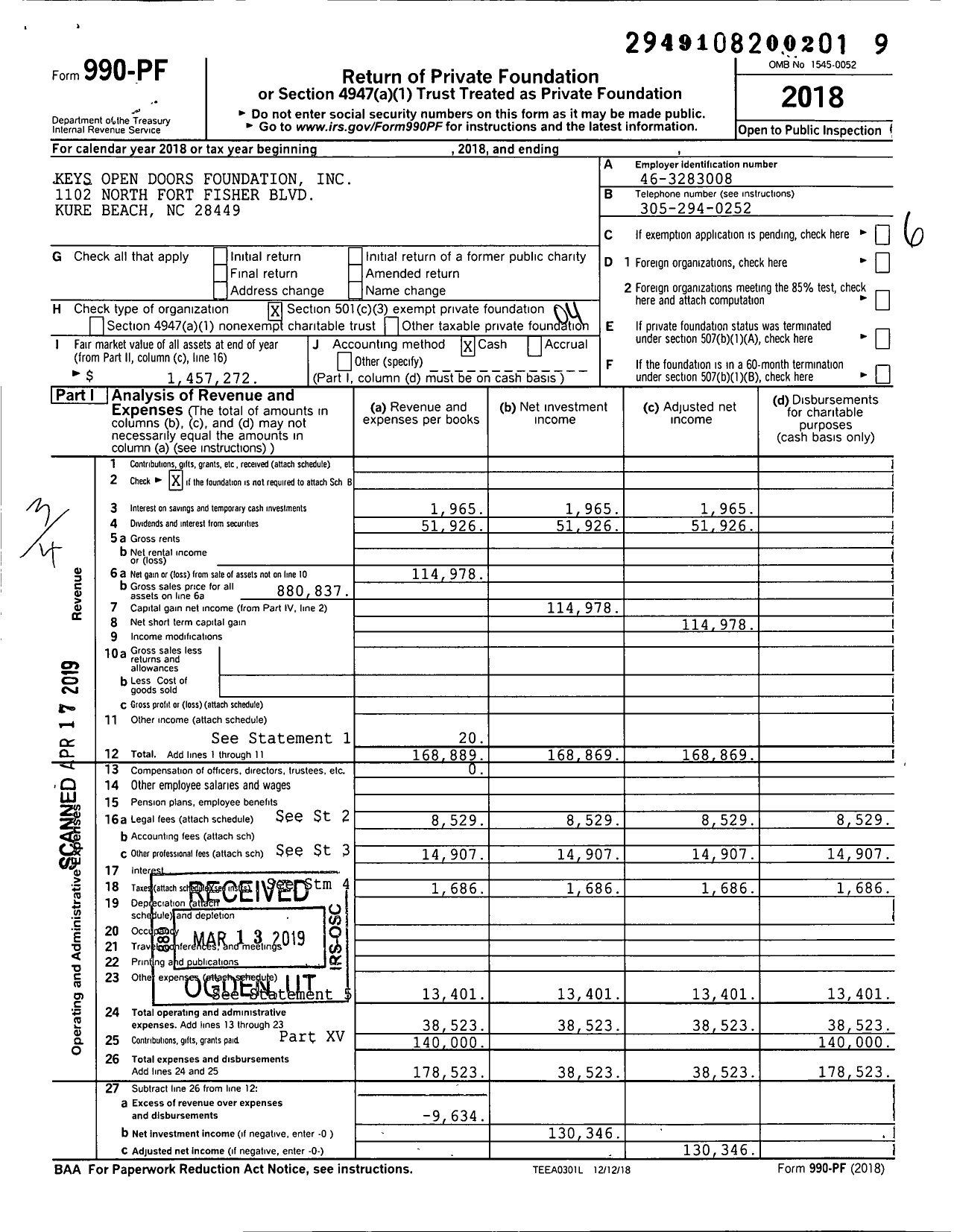 Image of first page of 2018 Form 990PF for Keys Open Doors Foundation