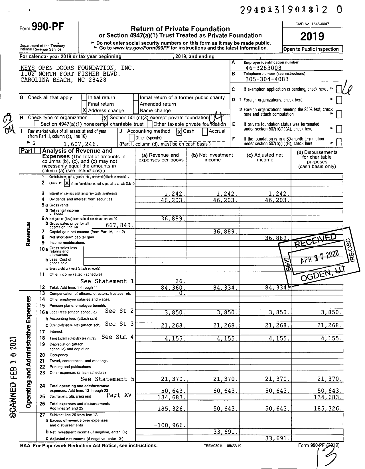 Image of first page of 2019 Form 990PF for Keys Open Doors Foundation