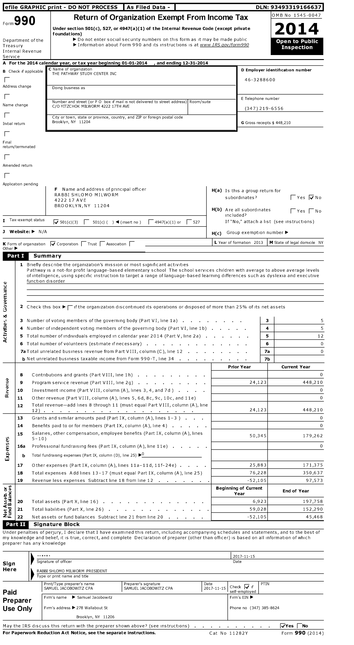 Image of first page of 2014 Form 990 for The Pathway Study Center