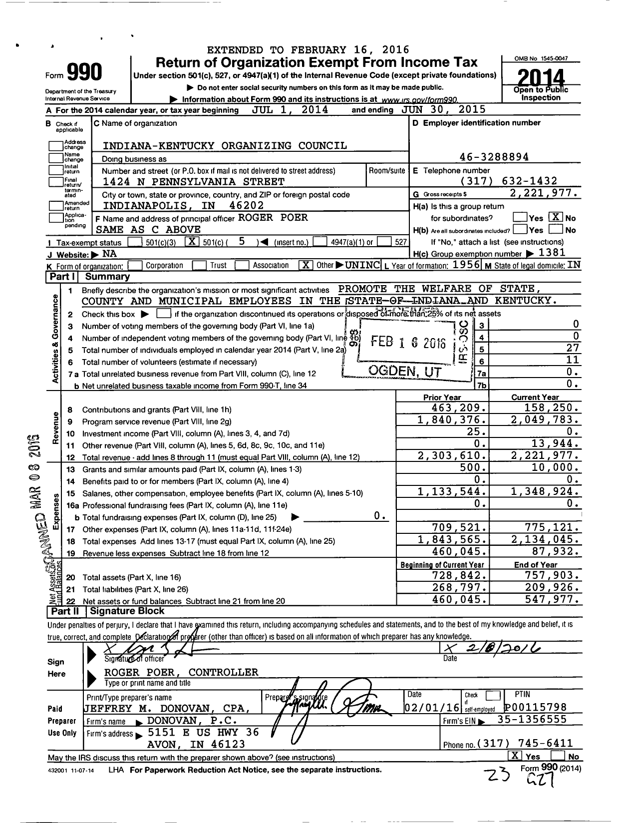 Image of first page of 2014 Form 990O for American Federation of State County & Municipal Employees - Indiana-Kentucky Organizing Council