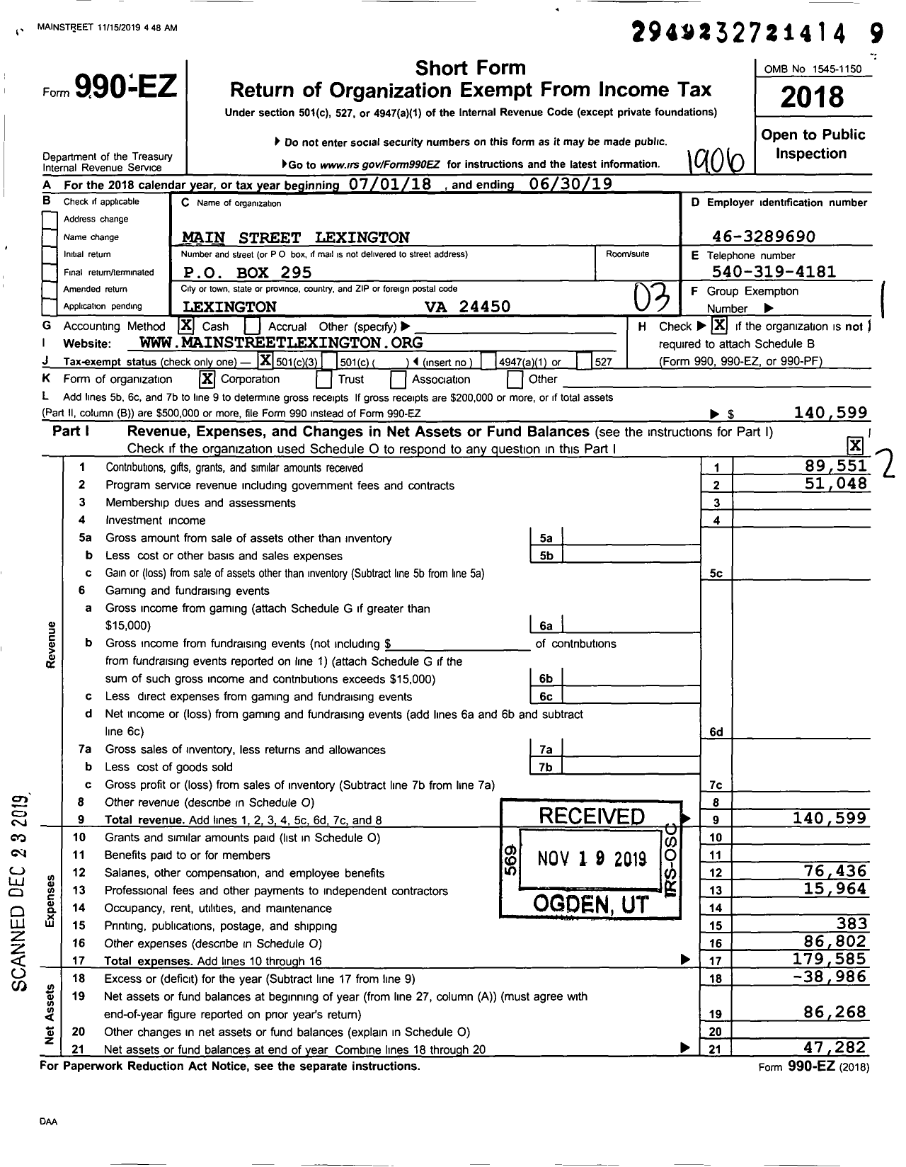 Image of first page of 2018 Form 990EZ for Main Street Lexington