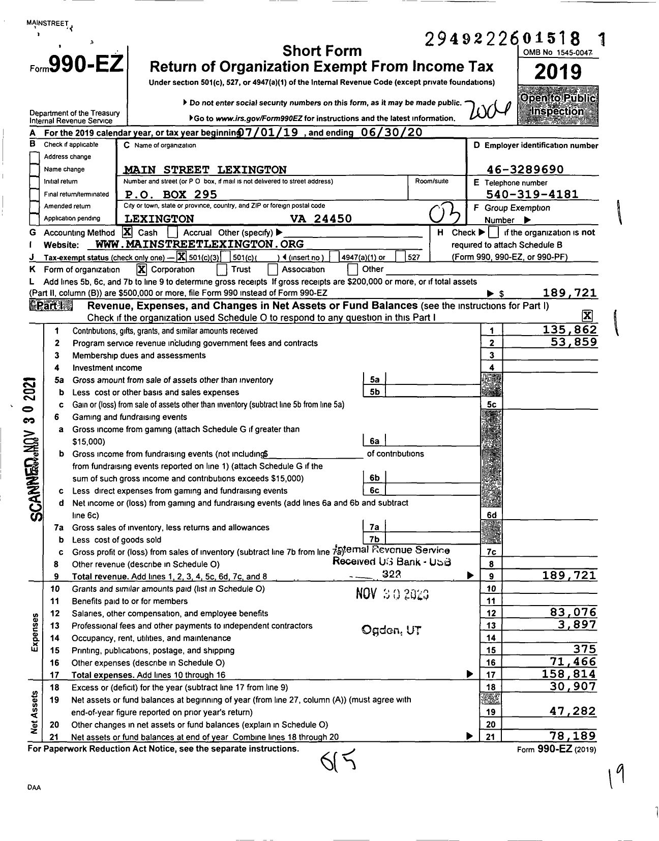 Image of first page of 2019 Form 990EZ for Main Street Lexington