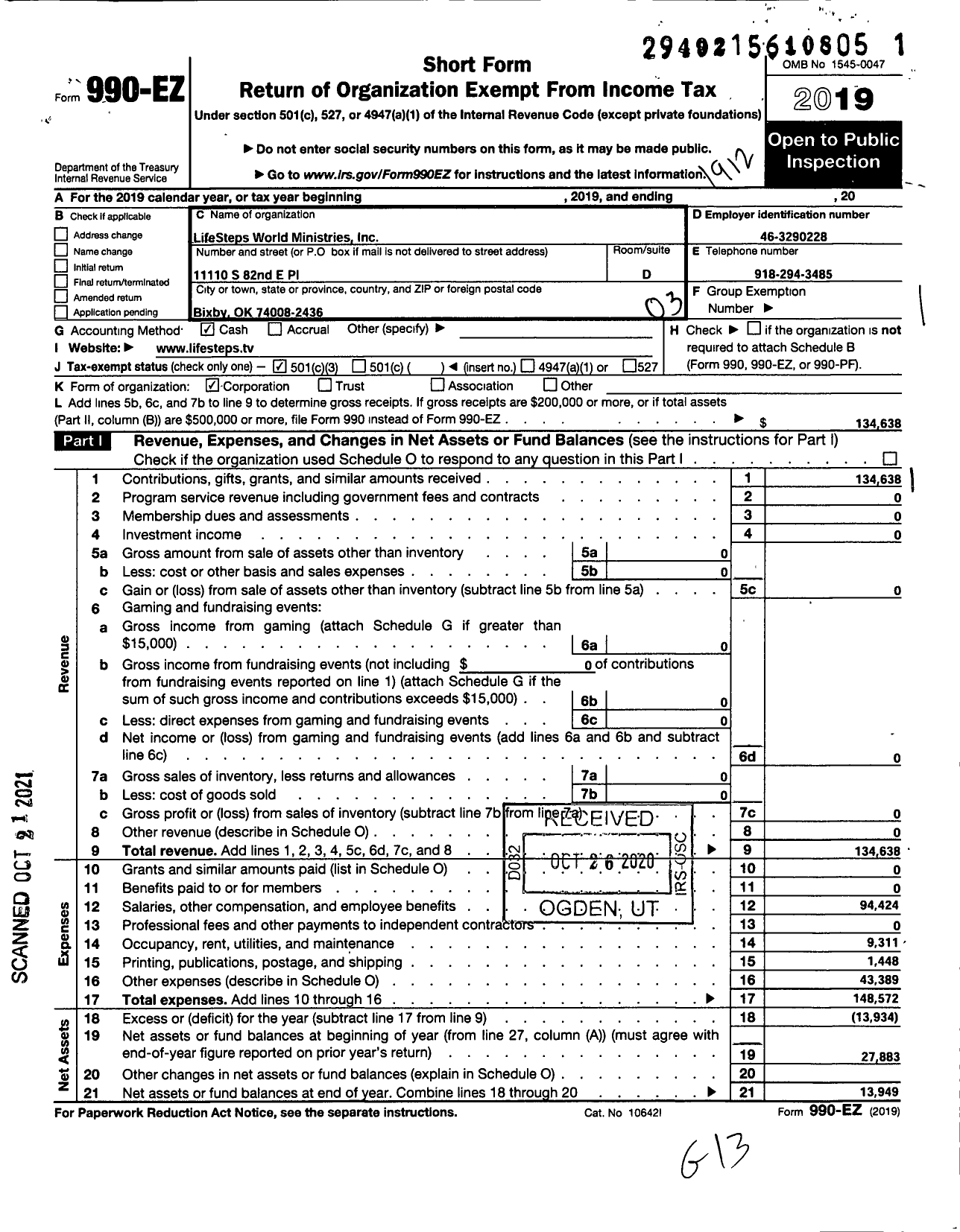 Image of first page of 2019 Form 990EZ for Lifesteps World Ministries