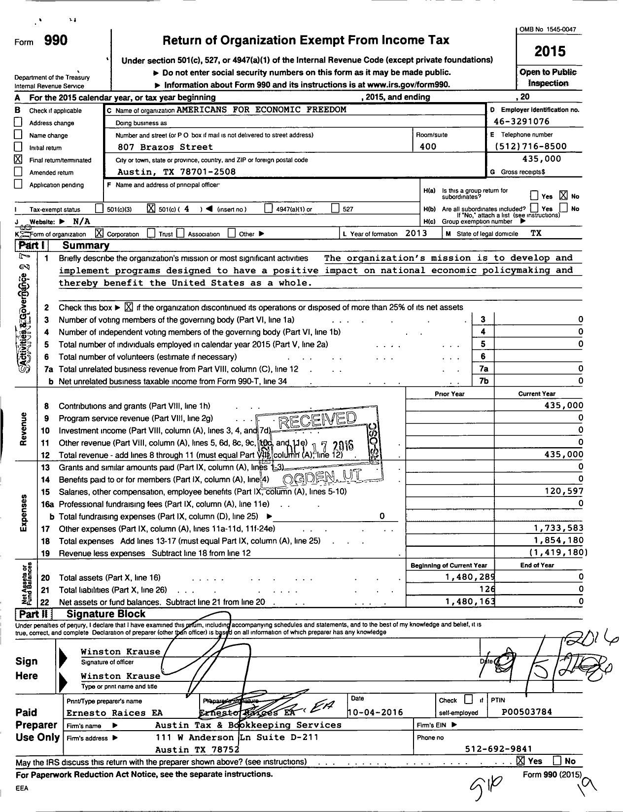 Image of first page of 2015 Form 990O for Americans for Economic Freedom