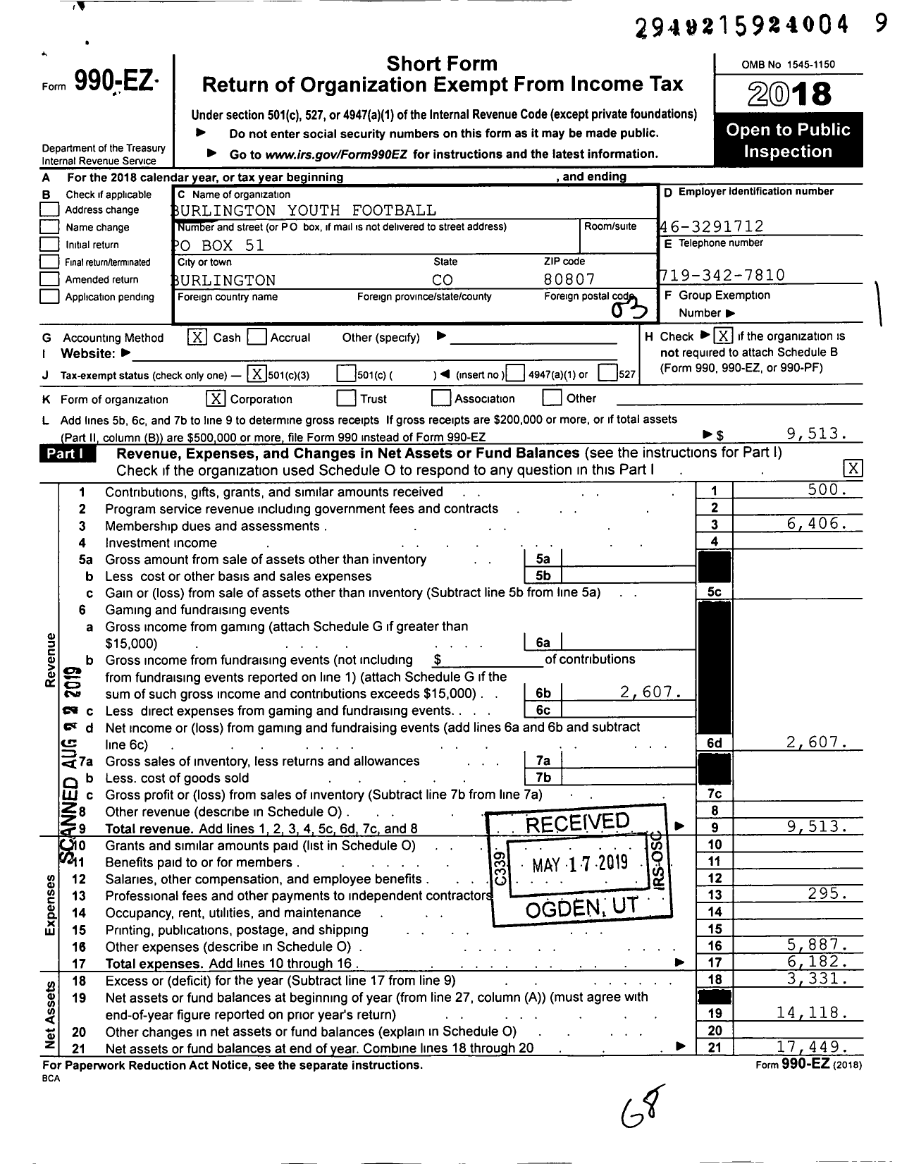 Image of first page of 2018 Form 990EZ for Burlington Youth Football