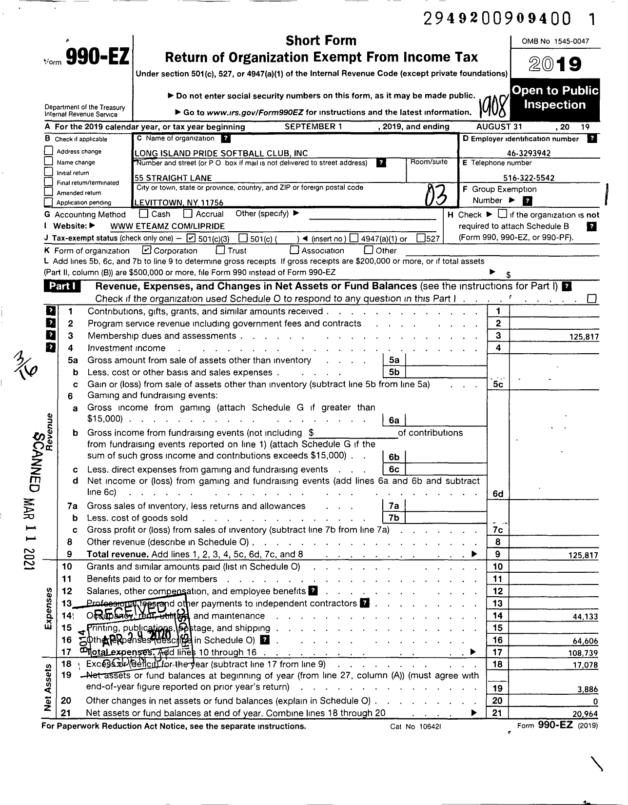 Image of first page of 2018 Form 990EZ for Long Island Pride Fastpitch Softball Club