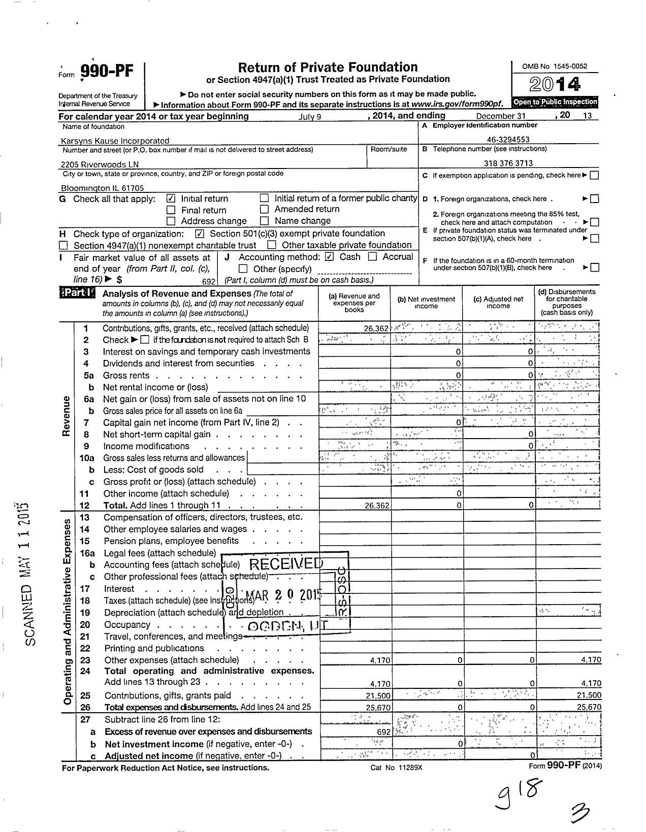 Image of first page of 2013 Form 990PF for Karsyns Kause Incorporated