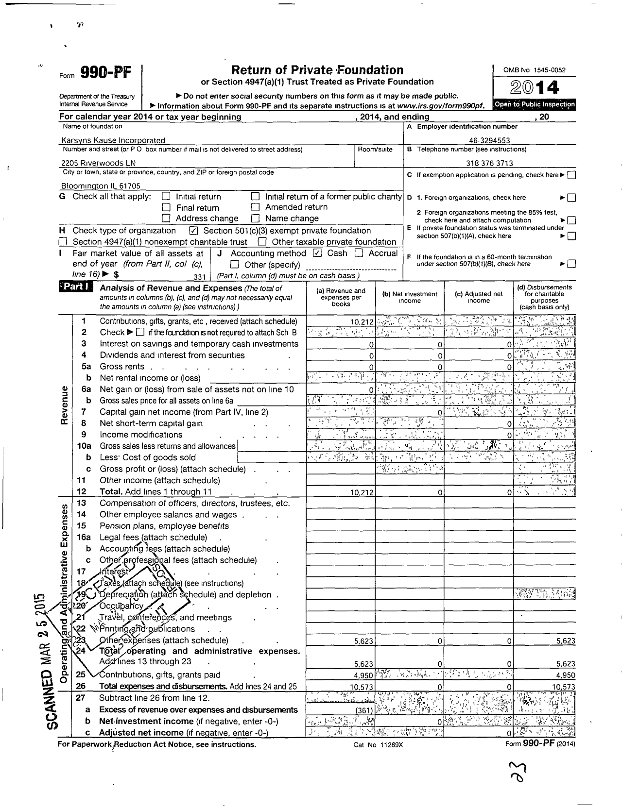 Image of first page of 2014 Form 990PF for Karsyns Kause Incorporated