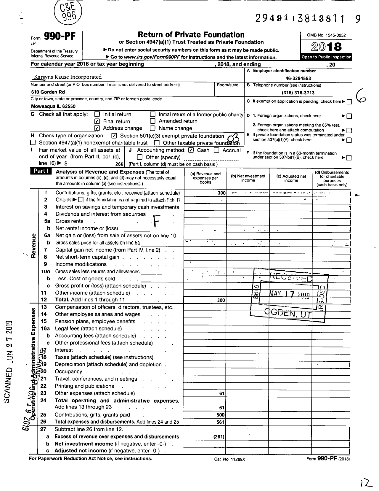Image of first page of 2018 Form 990PF for Karsyns Kause Incorporated