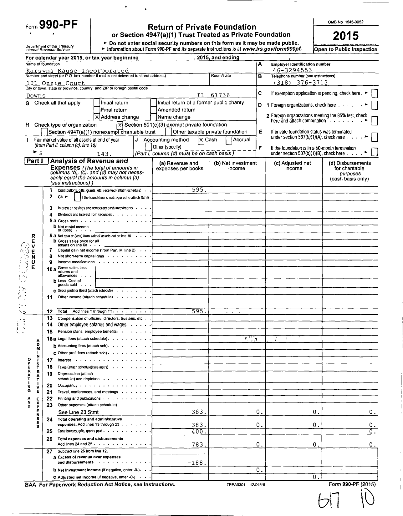 Image of first page of 2015 Form 990PF for Karsyns Kause Incorporated