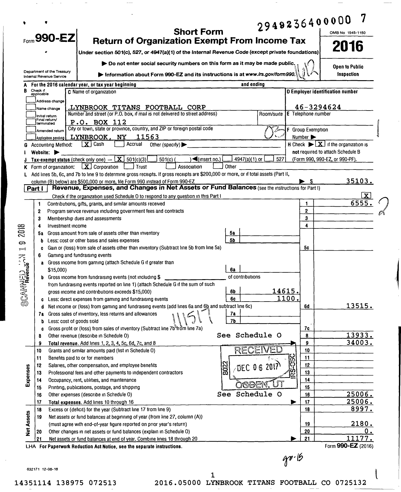 Image of first page of 2016 Form 990EZ for Lynbrook Titans Football Corporation