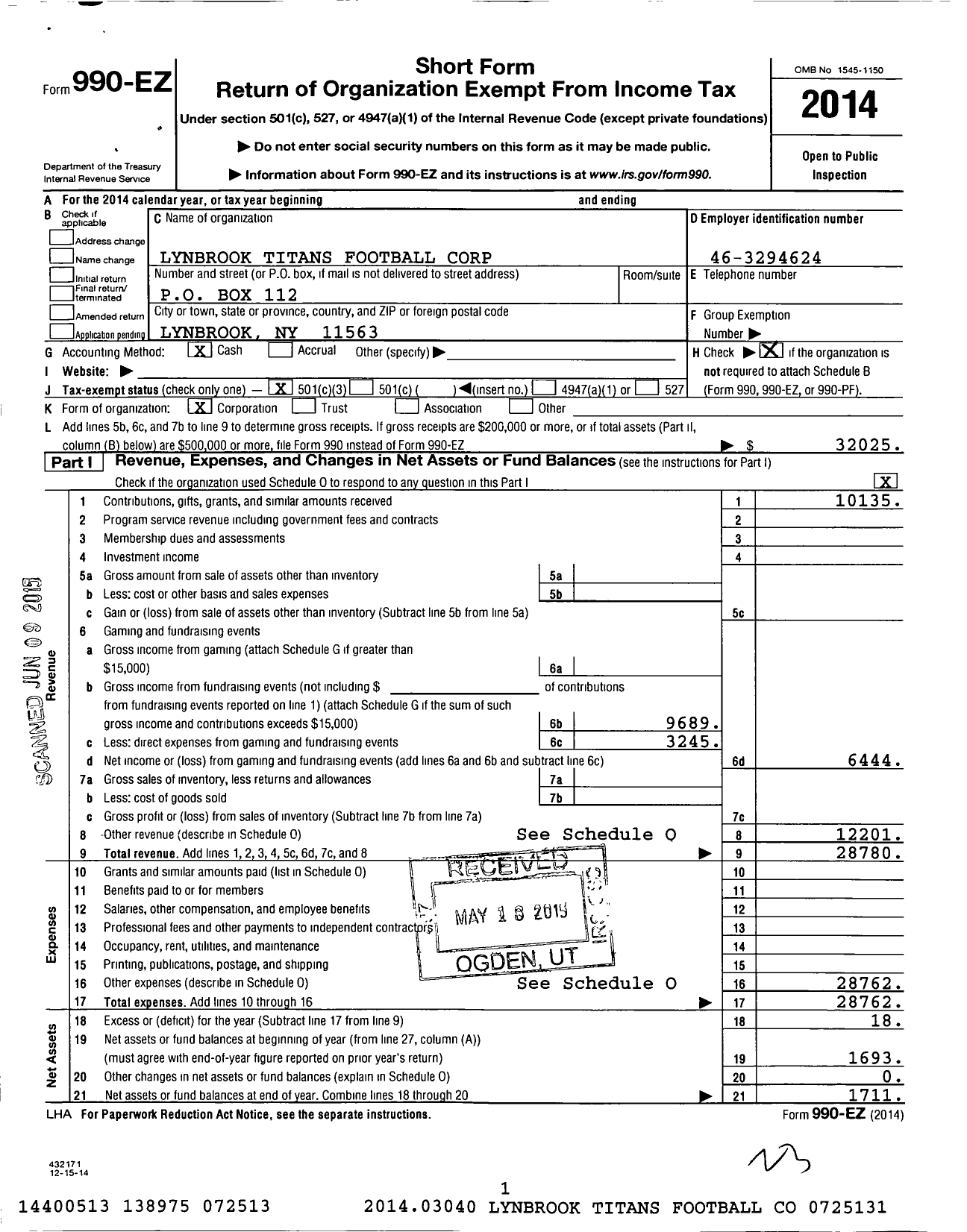 Image of first page of 2014 Form 990EZ for Lynbrook Titans Football Corporation