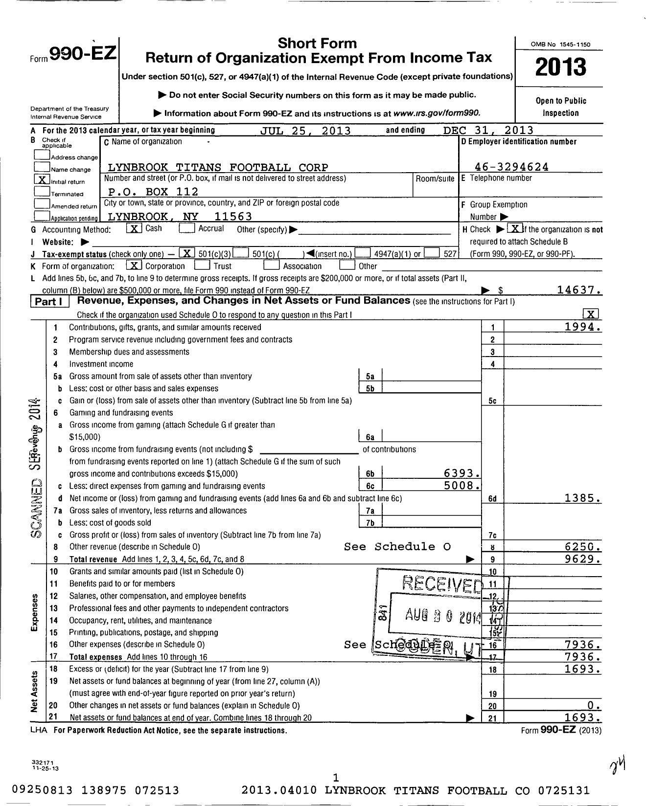 Image of first page of 2013 Form 990EZ for Lynbrook Titans Football Corporation